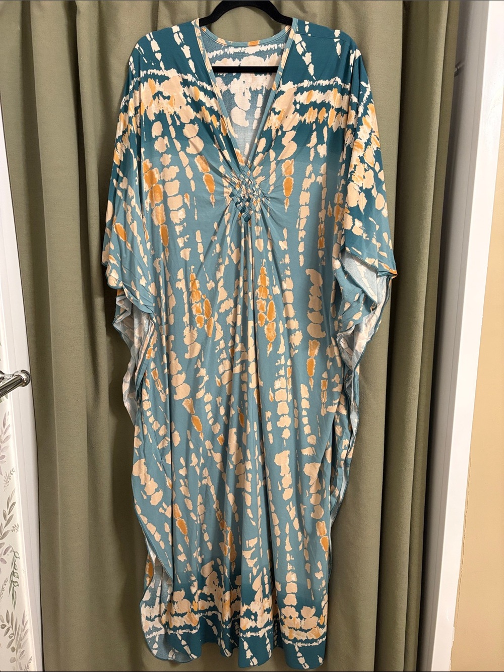 Teal Print Kaftan with Cream & Beige Accents